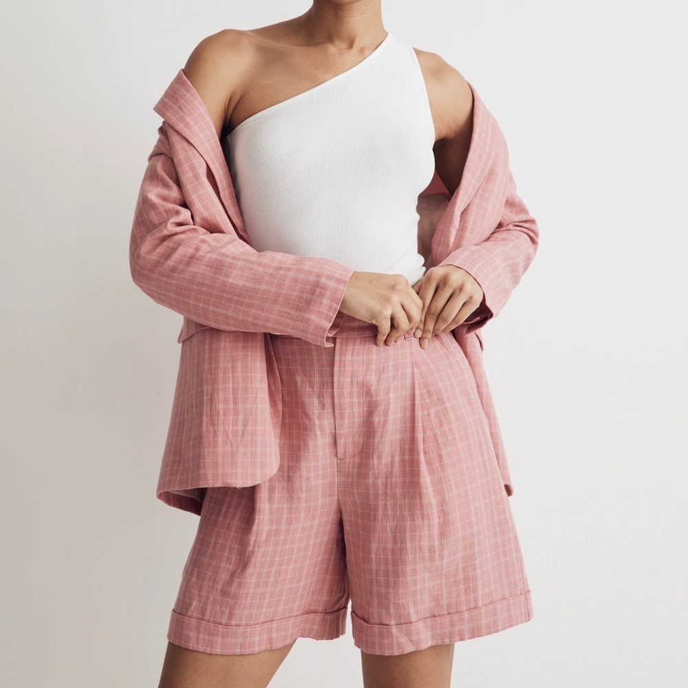 Madewell The Harlow Short in Checked 100% Linen Cafe Pink